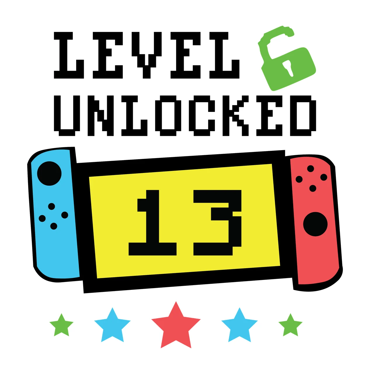 Level 6 Unlocked Black Pixel Font Text graphic padlock stars