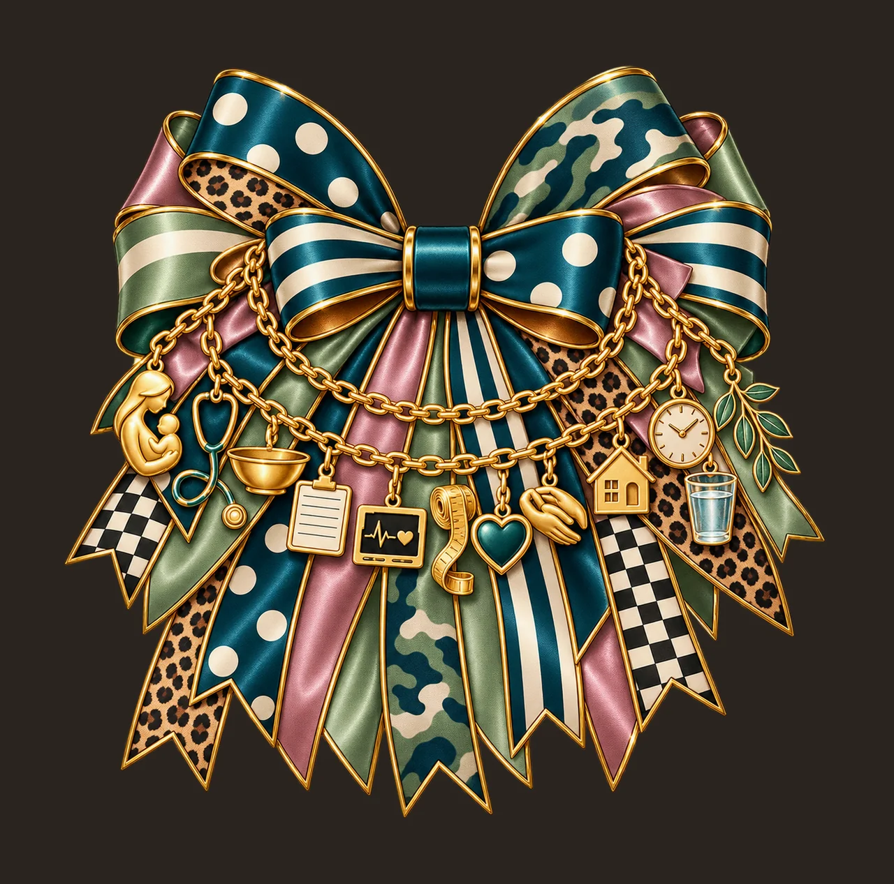 Midwife Bow Charm PNG, Gold Chain Charms, Transparent Sublimation Design, Digital Download contrast preview thumbnail