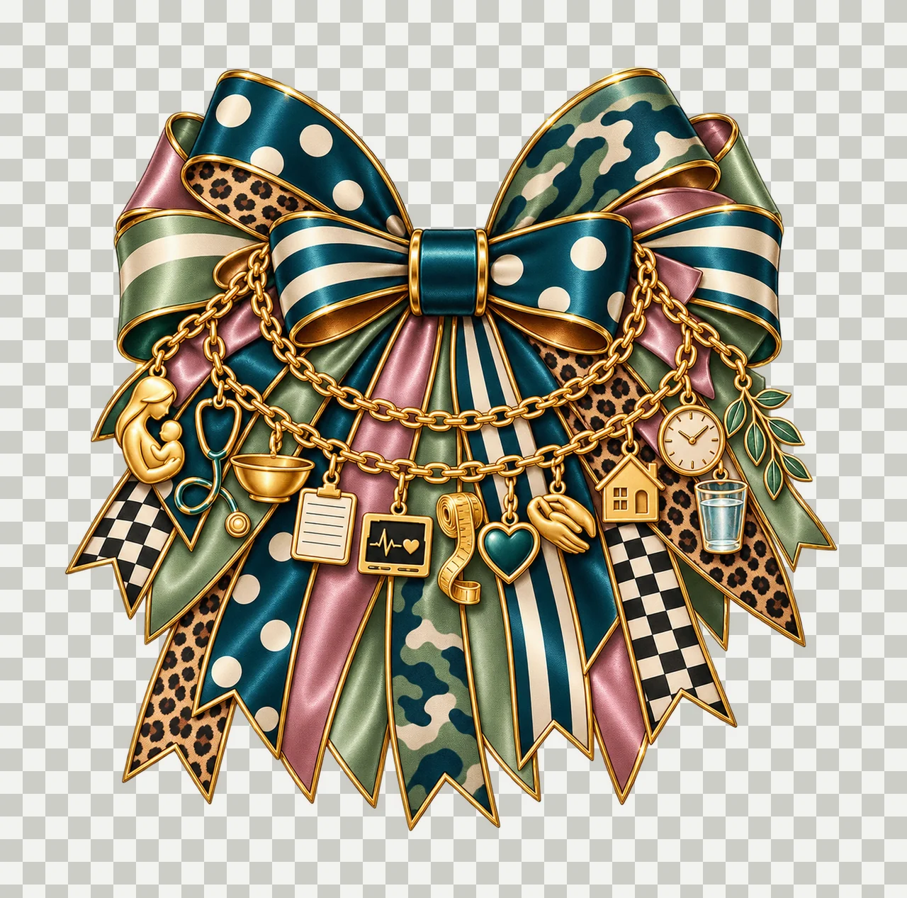 Midwife Bow Charm PNG, Gold Chain Charms, Transparent Sublimation Design, Digital Download transparency and detail preview thumbnail