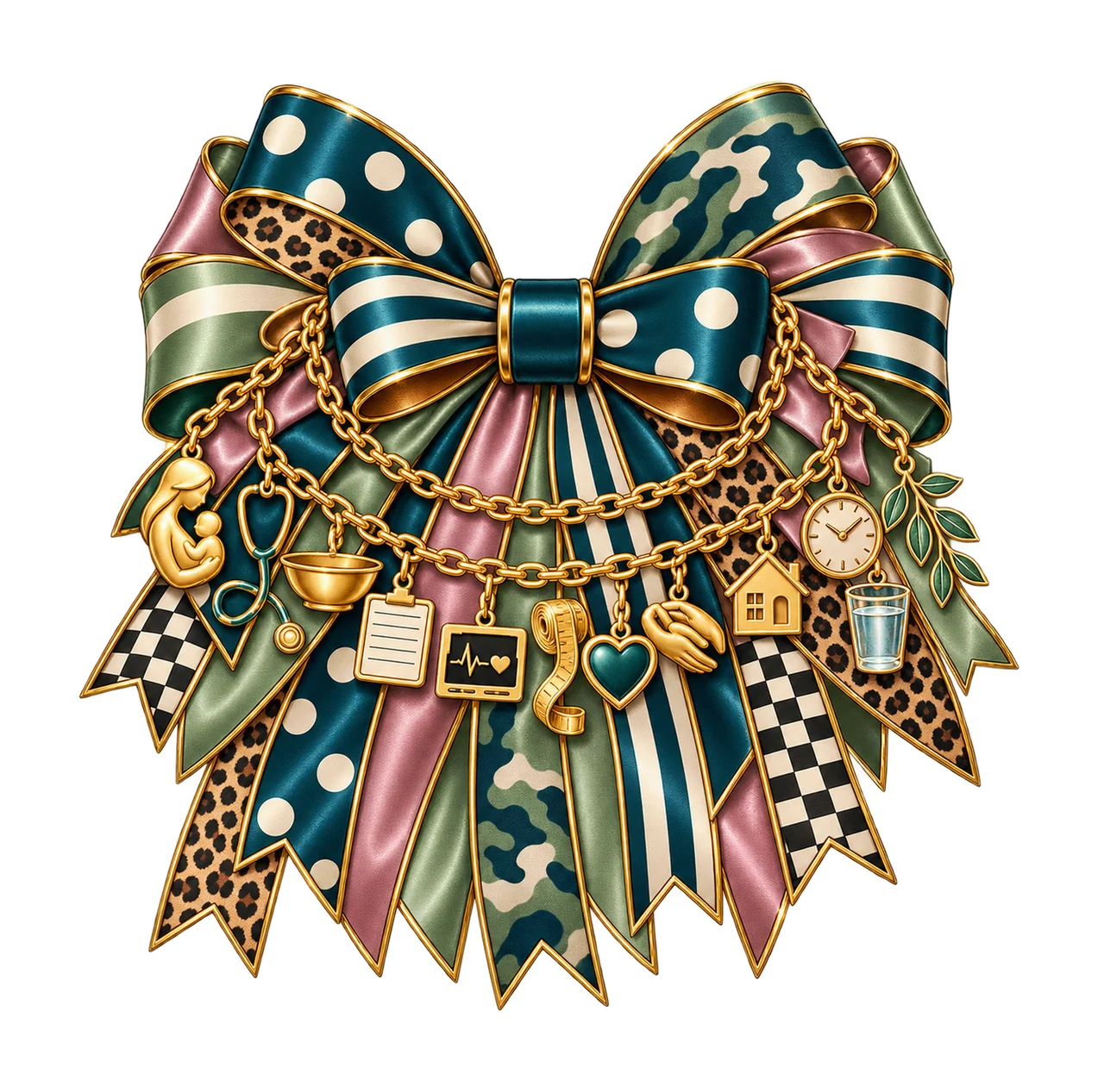 Midwife Bow Charm PNG, Gold Chain Charms, Transparent Sublimation Design, Digital Download