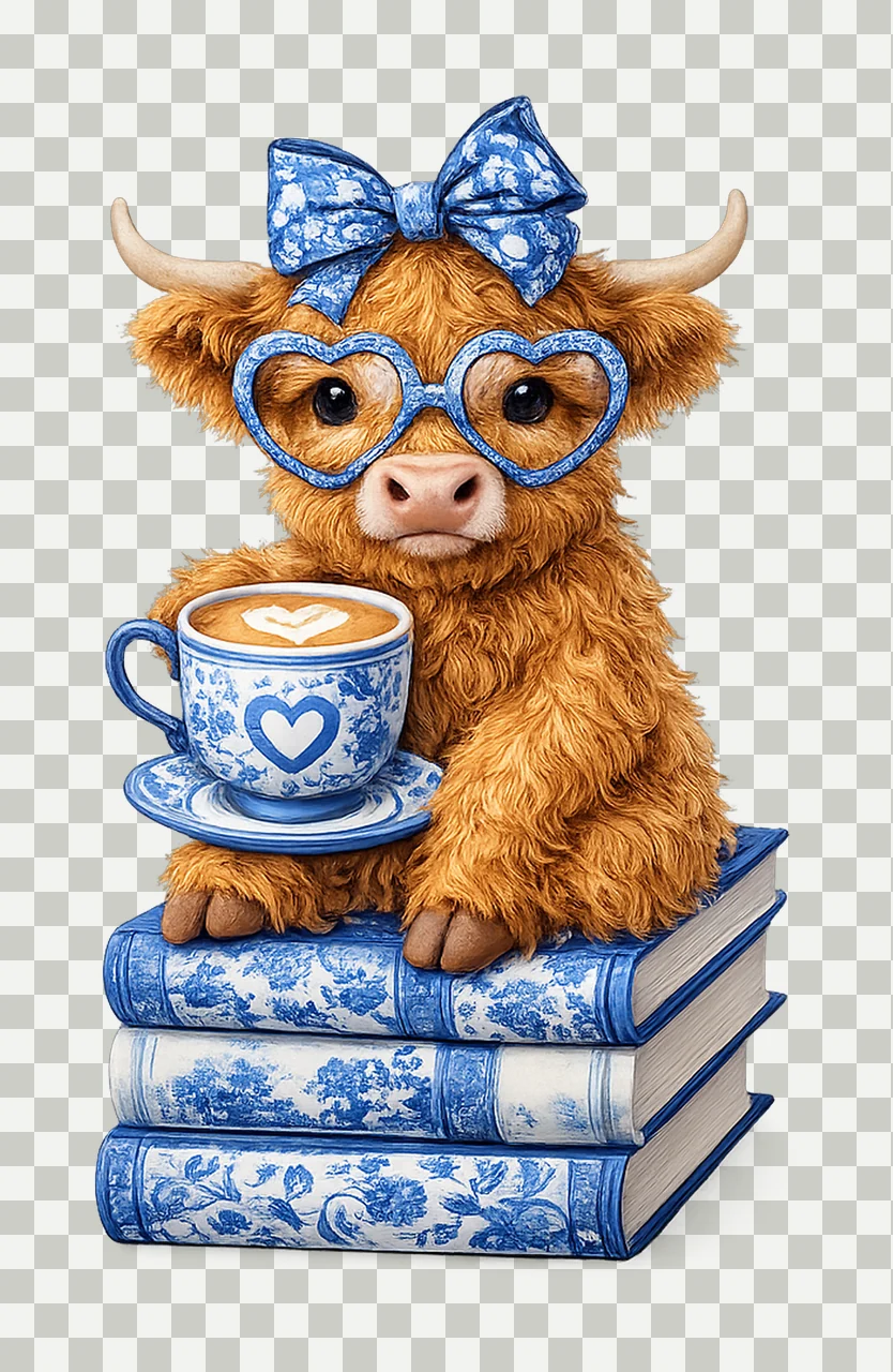 Grand Millennial Blue Highland Cow Coffee Lover Design transparency and detail preview thumbnail