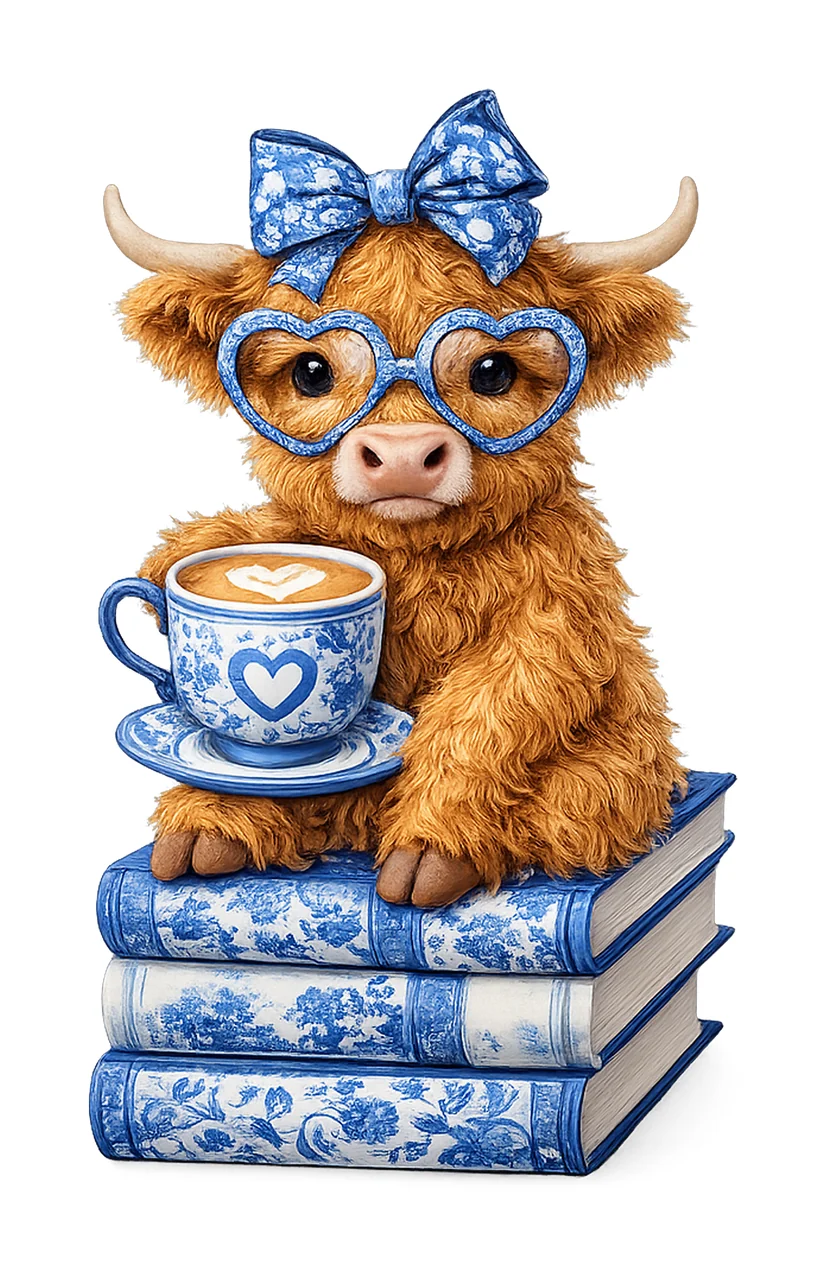 Grand Millennial Blue Highland Cow Coffee Lover Design