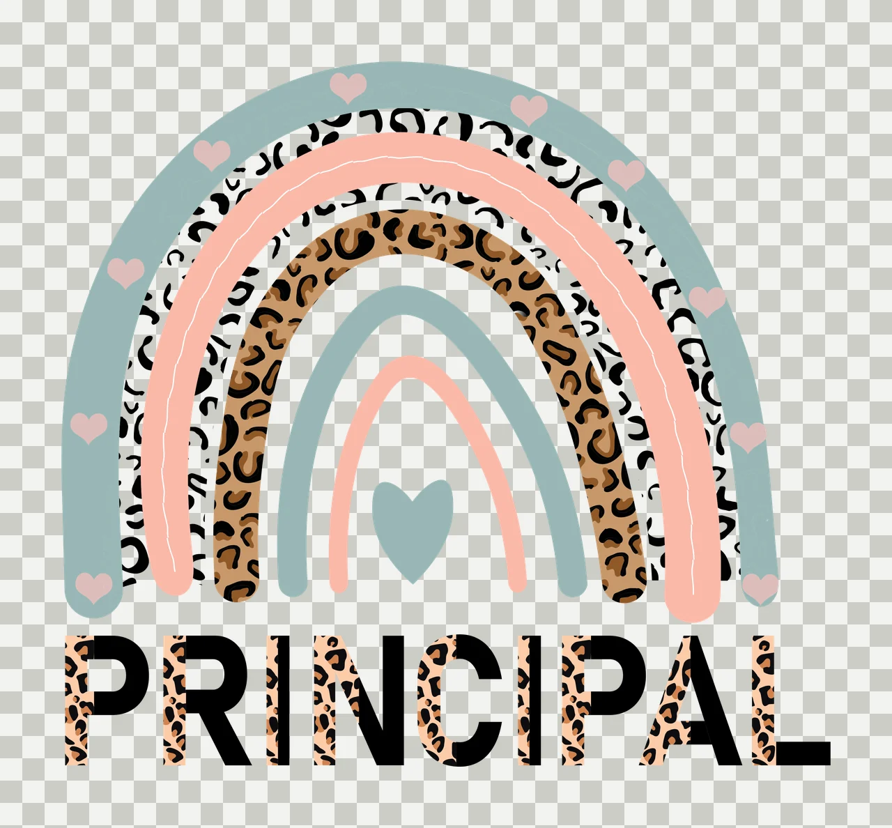 PRINCIPAL Boho rainbow and leopard print typography with rainbow arches, leopard print pattern, hearts and bold text in sage green, peach and brown transparency and detail preview thumbnail