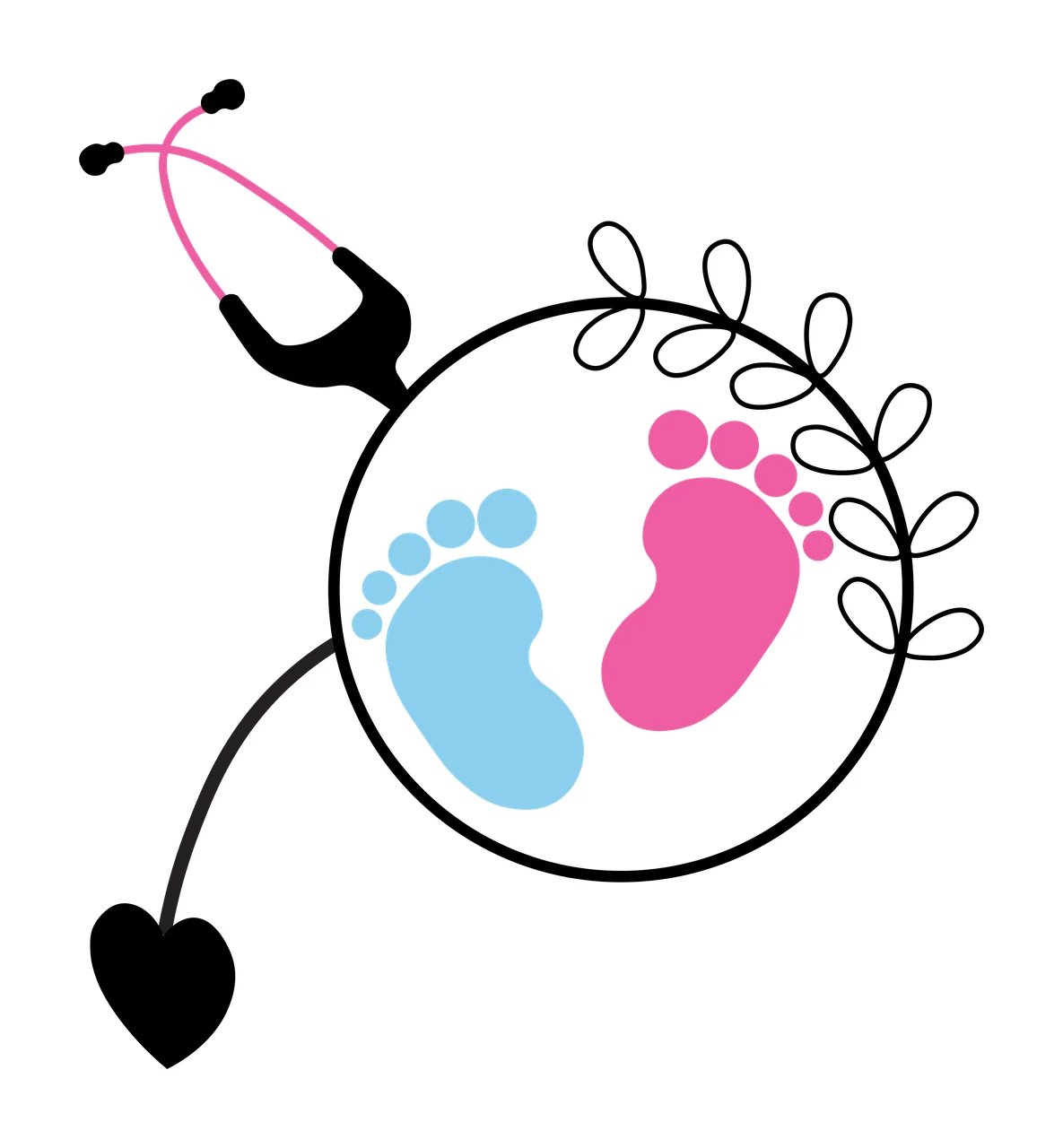 Stethoscope with pink tubing, black earpieces and chest piece, heart-shaped end, encircling circle with blue and pink baby footprints, black leafy vine border Illustration with blue baby footprint