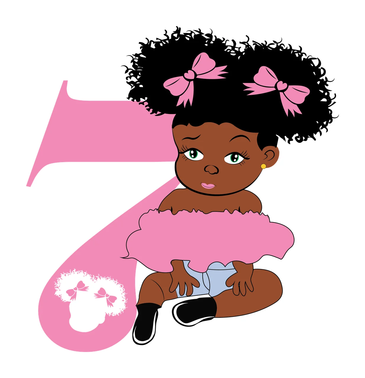 Black 7 Silhouette Of A Curly Haired Figure sitting number seven