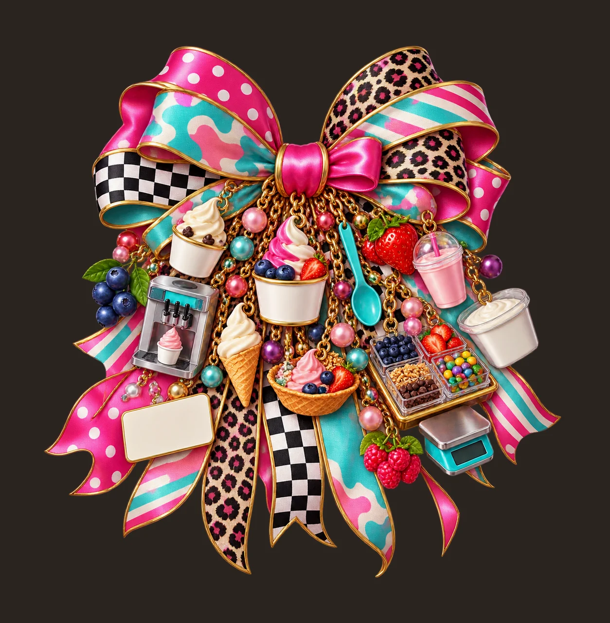 Frozen Yogurt Lover Bow Charm PNG, Themed Gold Chain Charms, Coquette Ribbon Sublimation Design, Transparent Digital Download contrast preview thumbnail