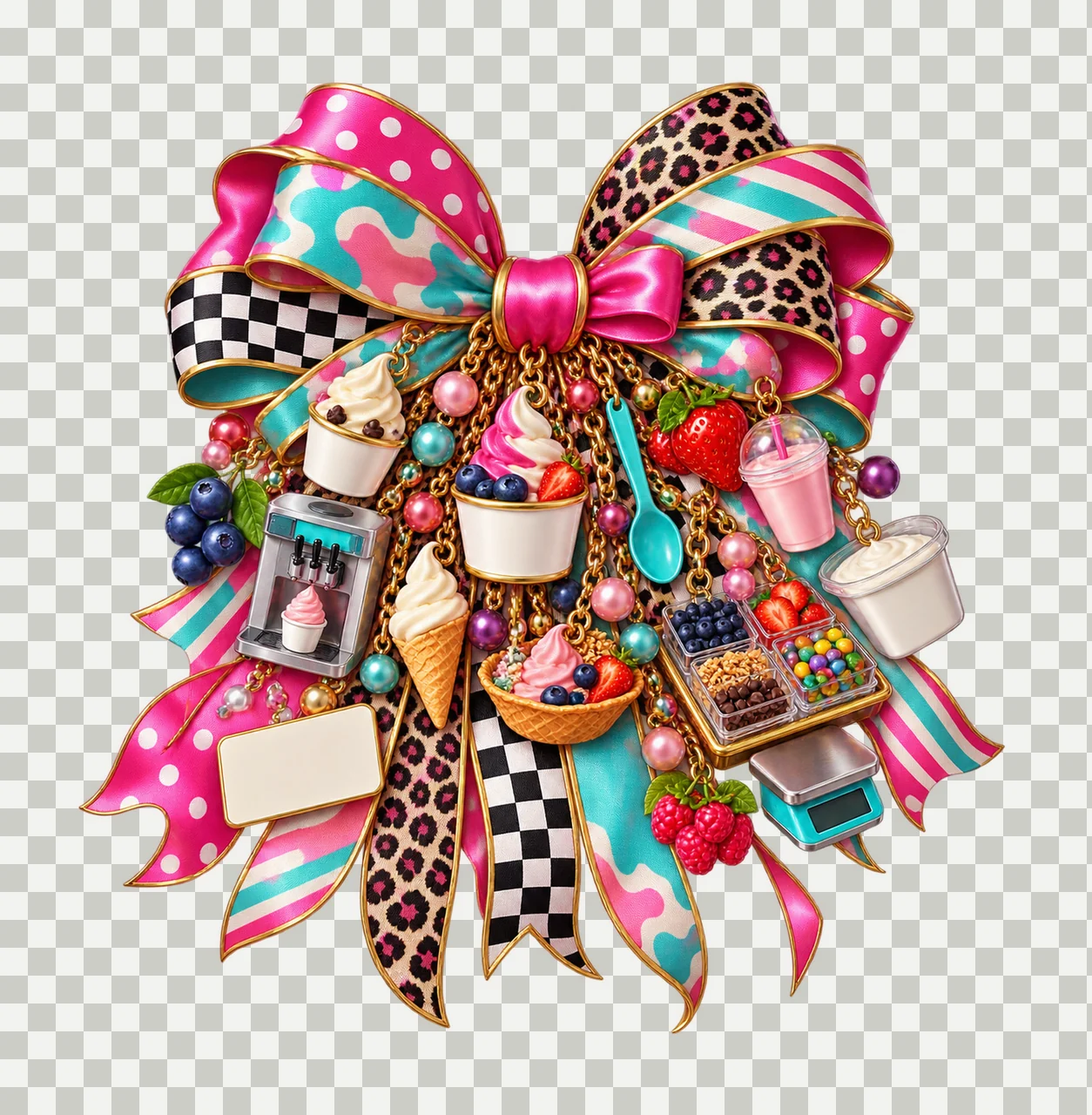 Frozen Yogurt Lover Bow Charm PNG, Themed Gold Chain Charms, Coquette Ribbon Sublimation Design, Transparent Digital Download transparency and detail preview thumbnail