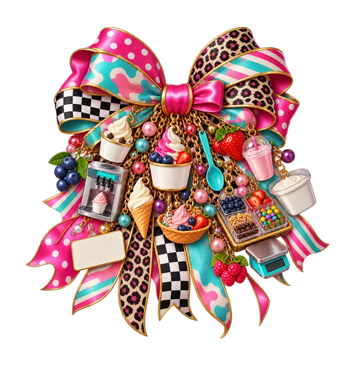Frozen Yogurt Lover Bow Charm PNG, Themed Gold Chain Charms, Coquette Ribbon Sublimation Design, Transparent Digital Download
