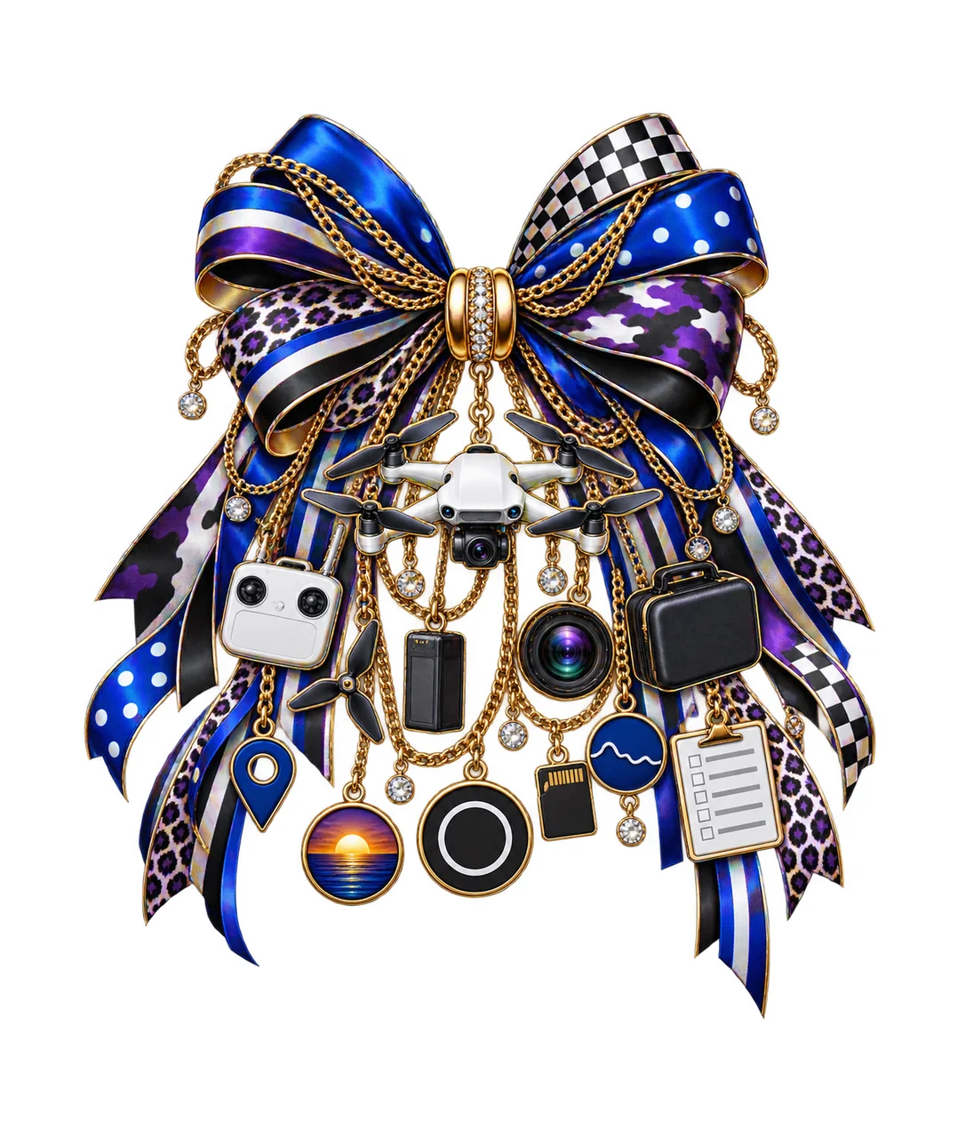 Drone Pilot Bow Charm PNG, Gold Chain Charms, Transparent Sublimation Design, Digital Download