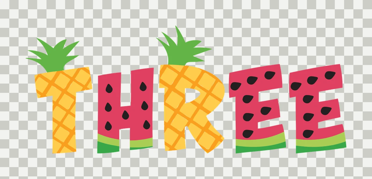 THREE Typography Design with pineapple pattern T letter, watermelon pattern H letter, green pineapple tops and watermelon seeds in yellow and pink transparency and detail preview thumbnail