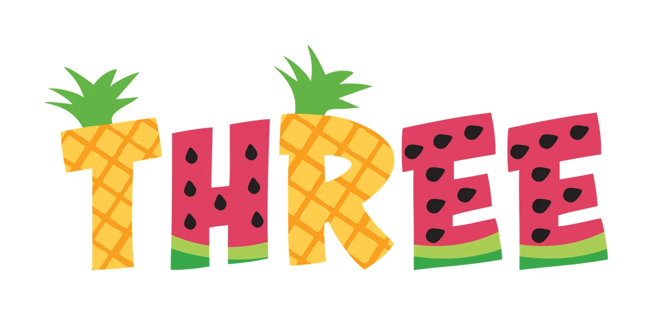 THREE Typography Design with pineapple pattern T letter, watermelon pattern H letter, green pineapple tops and watermelon seeds in yellow and pink
