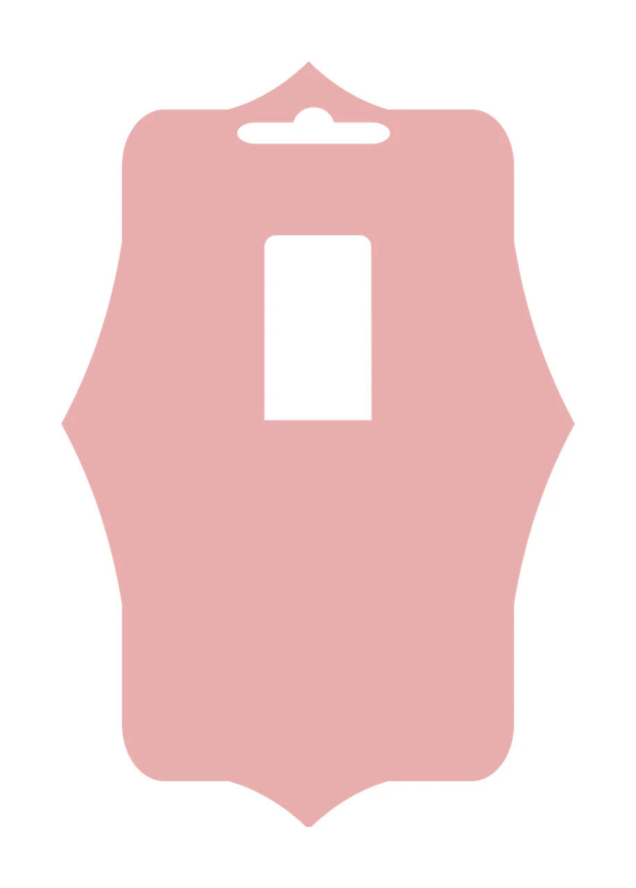 Display packaging card Illustration with ornate shape border, top hanging slot cutout, center rectangular cutout and dusty rose pink fill in white