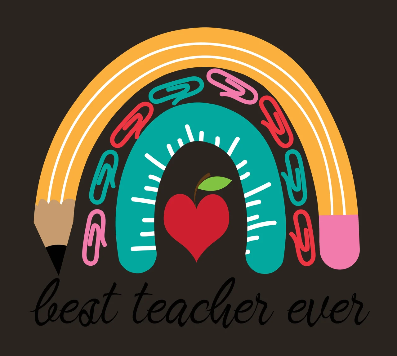 Best teacher ever teacher appreciation rainbow Design with pencil arch, colorful paperclips, teal ruler pattern and apple heart in yellow and pink contrast preview thumbnail