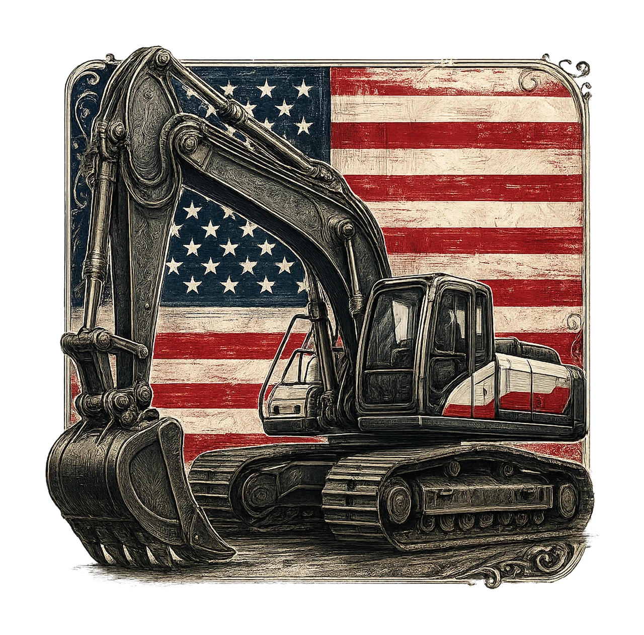 American Excavator Sublimation Design USA Flag Construction