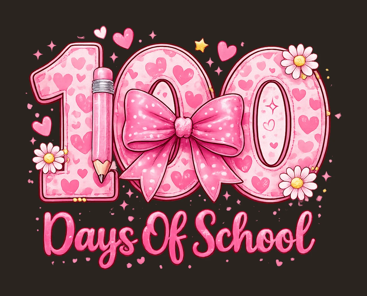 100 Days of School Pink Coquette Bow Pencil Heart Teacher contrast preview thumbnail