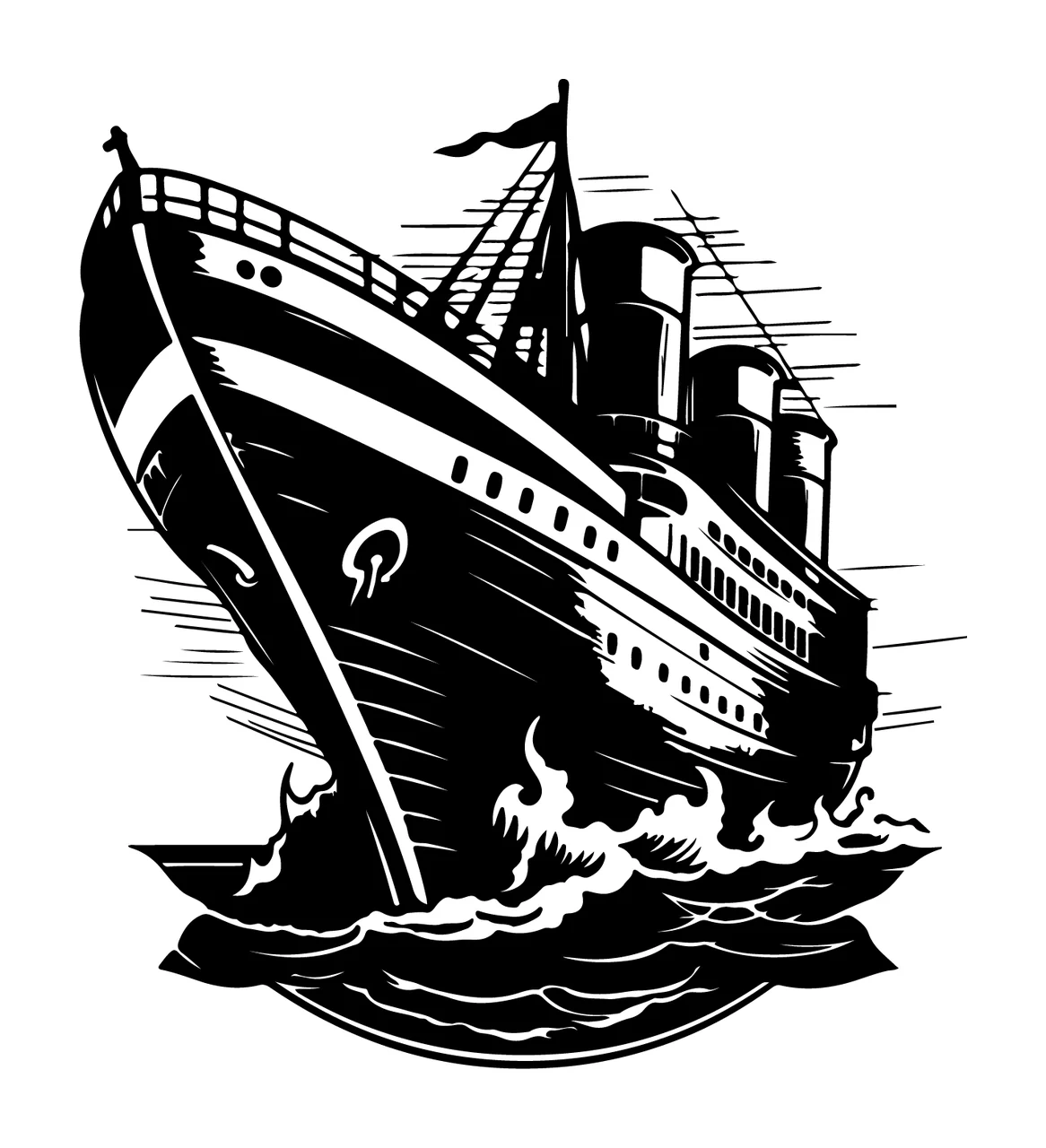 Ship Passenger Sailing Through Waves funnels woodcut illustration
