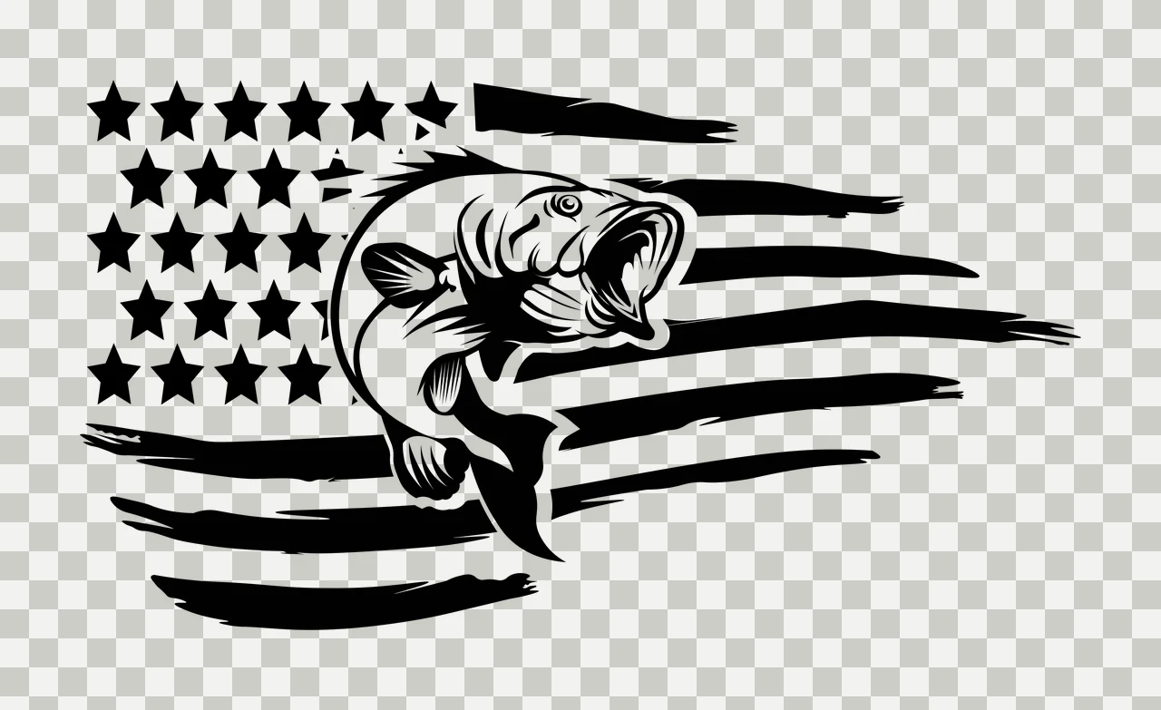 Fish Leaping Over American Flag Silhouette stars stripes black transparency and detail preview thumbnail
