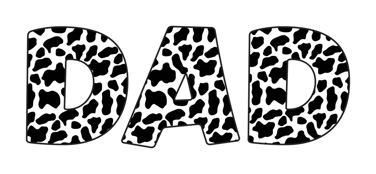 DAD Typography Design with letters D A D, cow print pattern, black outlines and black and white spots