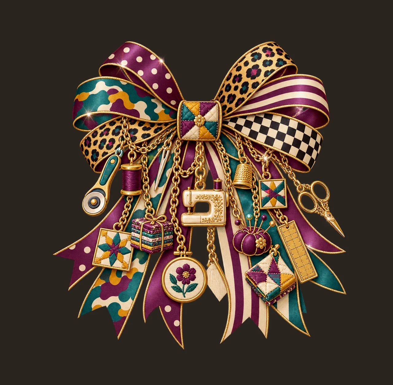 Quilter Bow Charm PNG, Themed Gold Chain Charms, Coquette Ribbon Sublimation Design, Transparent Digital Download contrast preview thumbnail