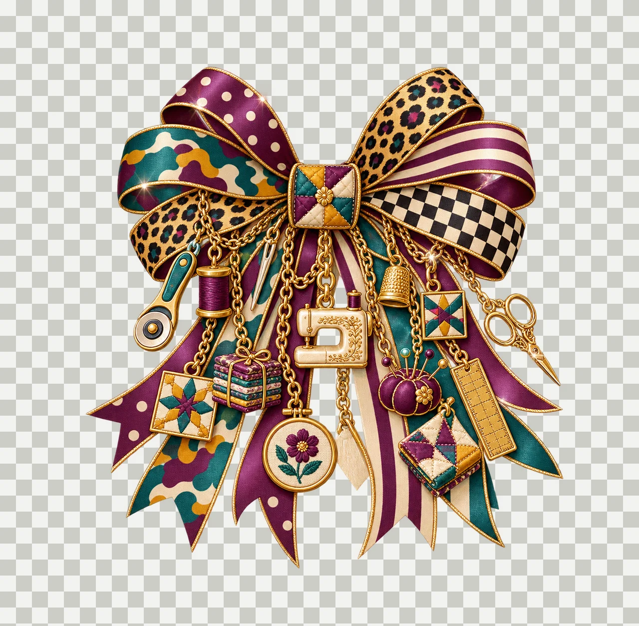 Quilter Bow Charm PNG, Themed Gold Chain Charms, Coquette Ribbon Sublimation Design, Transparent Digital Download transparency and detail preview thumbnail