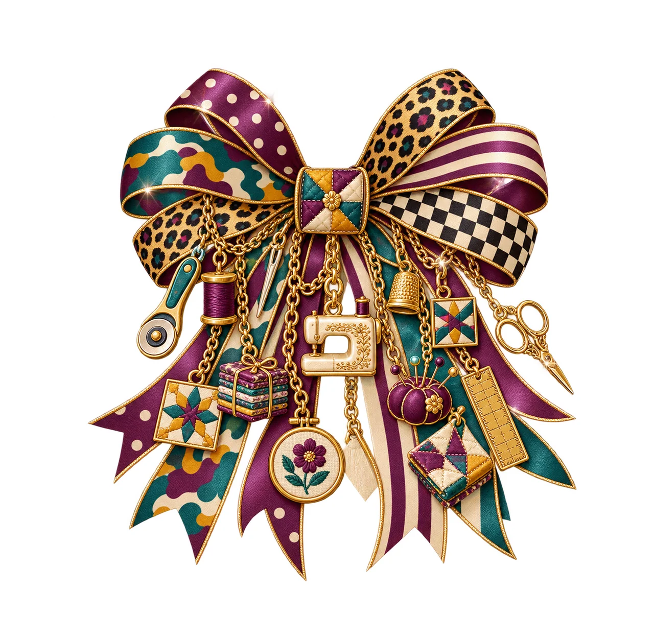 Quilter Bow Charm PNG, Themed Gold Chain Charms, Coquette Ribbon Sublimation Design, Transparent Digital Download