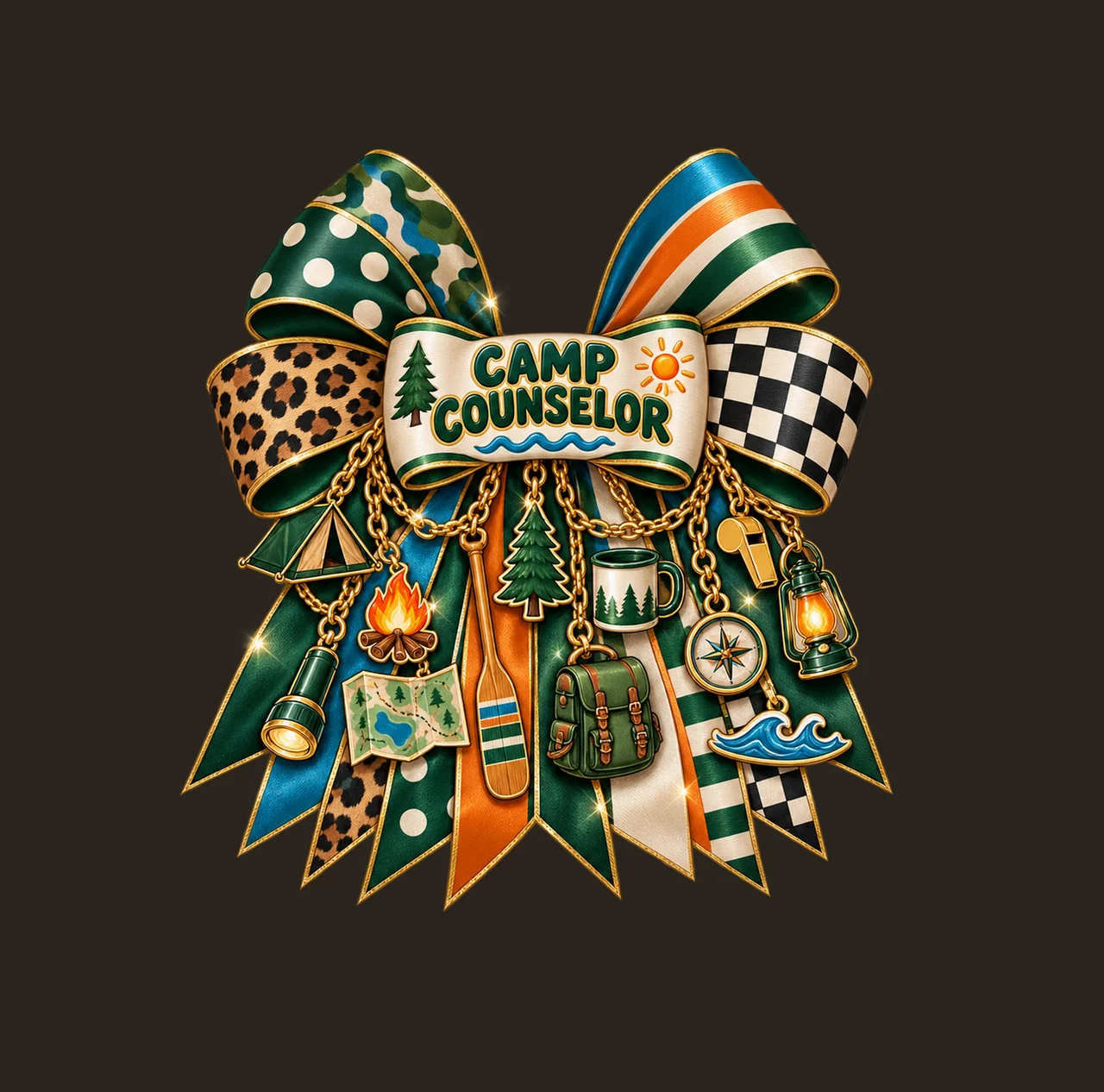Camp Counselor Bow Charm PNG, Gold Chain Charms, Transparent Sublimation Design, Digital Download contrast preview thumbnail
