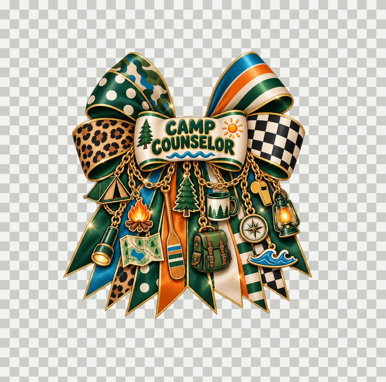 Camp Counselor Bow Charm PNG, Gold Chain Charms, Transparent Sublimation Design, Digital Download transparency and detail preview thumbnail