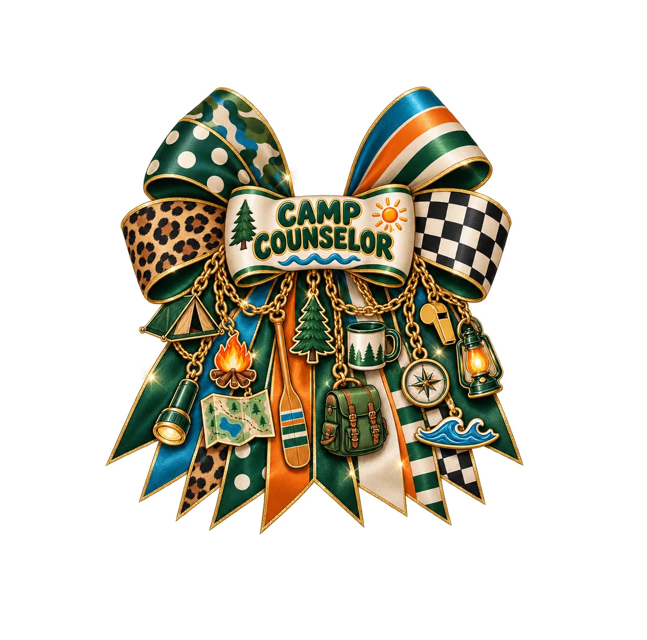Camp Counselor Bow Charm PNG, Gold Chain Charms, Transparent Sublimation Design, Digital Download