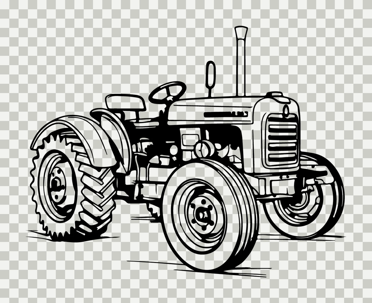 Black And White Tractor Graphic standing wheels engine exhaust pipe transparency and detail preview thumbnail