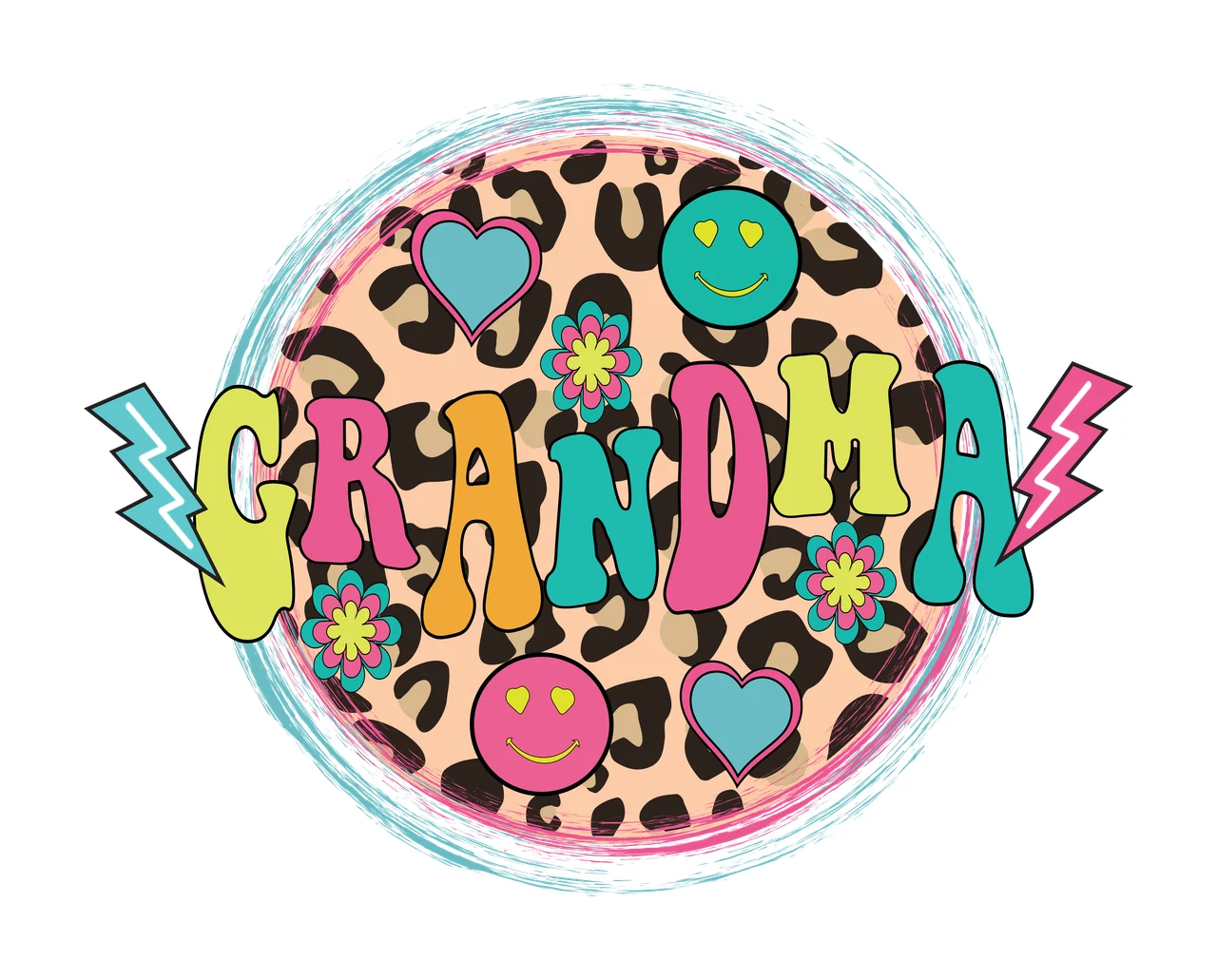 GRANDMA Grandma Design design with leopard print circle background, word 'GRANDMA' in multi-colored letters, blue heart with pink outline and teal smiley face with yellow eyes in leopard brown