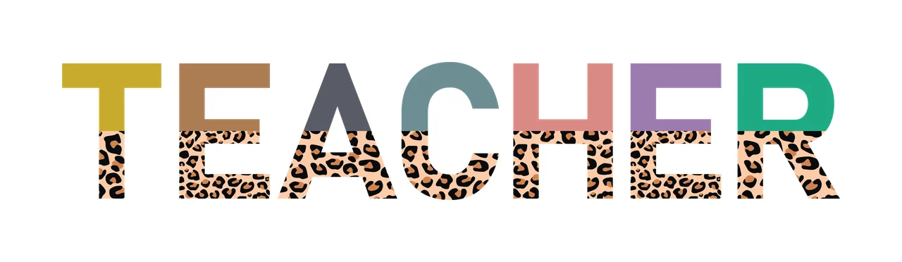 TEACHER Typography Design with T letter with yellow top and leopard print bottom, E letter with brown top and leopard print bottom, A letter with gray top and leopard print bottom and C letter