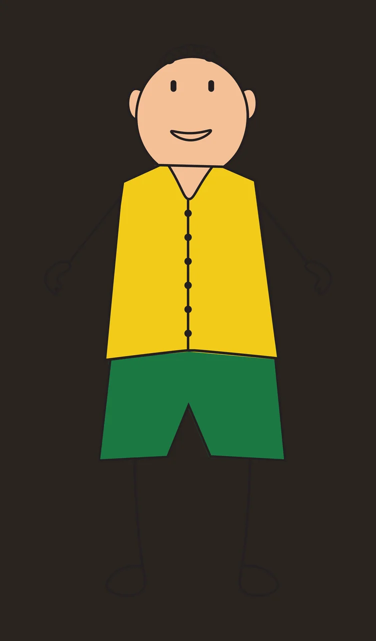 Cartoon Illustration of stick figure person with beige face, white hair, yellow vest and green shorts contrast preview thumbnail