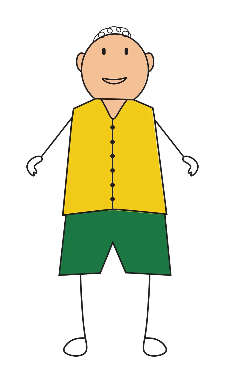 Cartoon Illustration of stick figure person with beige face, white hair, yellow vest and green shorts