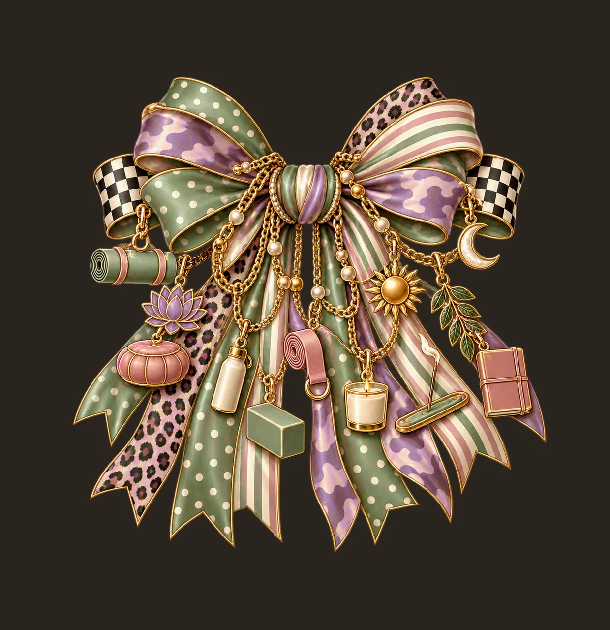Yoga Lover Bow Charm PNG, Themed Gold Chain Charms, Coquette Ribbon Sublimation Design, Transparent Digital Download contrast preview thumbnail