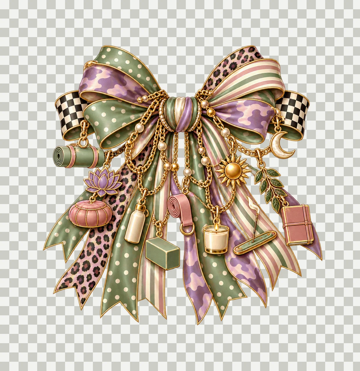 Yoga Lover Bow Charm PNG, Themed Gold Chain Charms, Coquette Ribbon Sublimation Design, Transparent Digital Download transparency and detail preview thumbnail