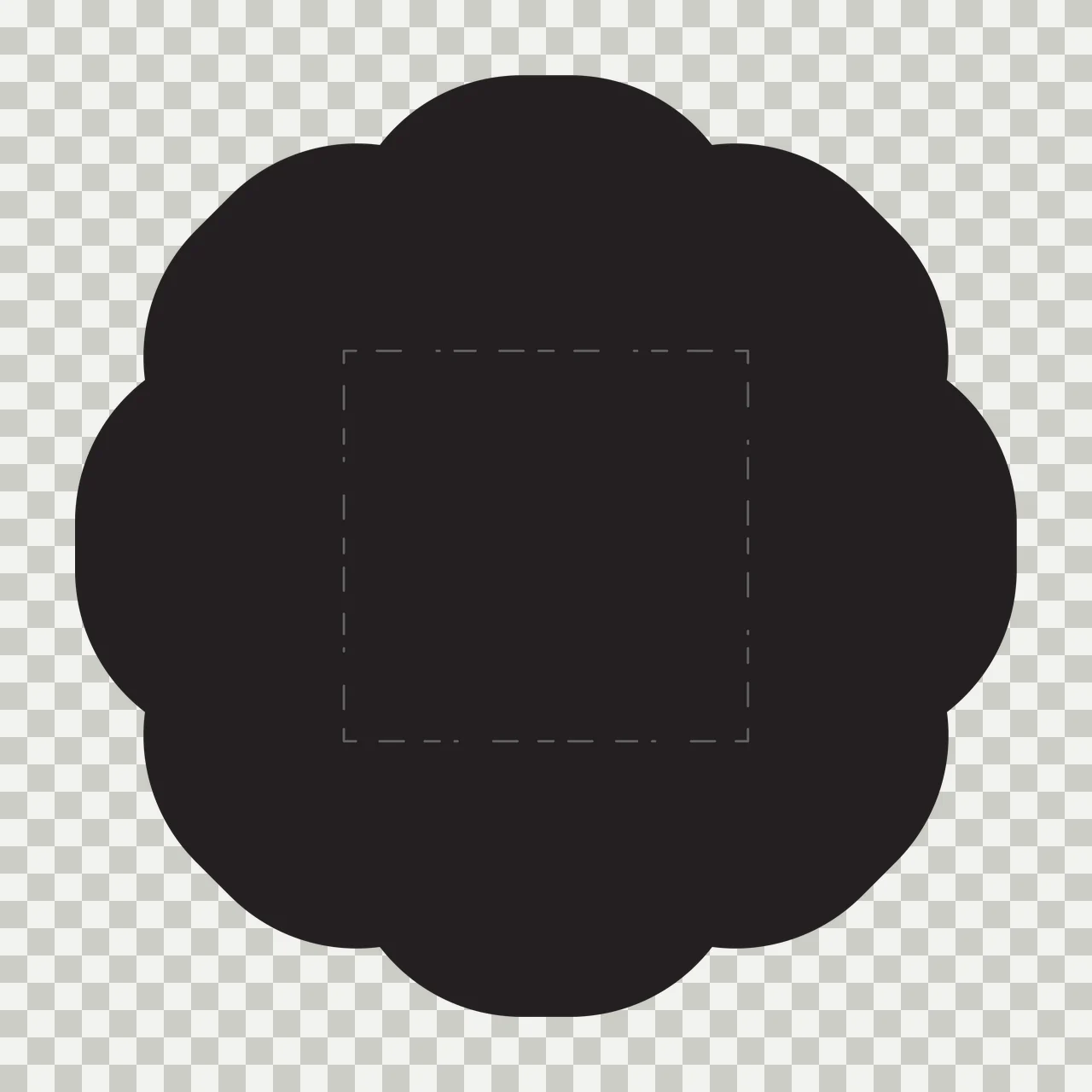 Black scalloped circular frame with dashed square center with black scalloped circle transparency and detail preview thumbnail