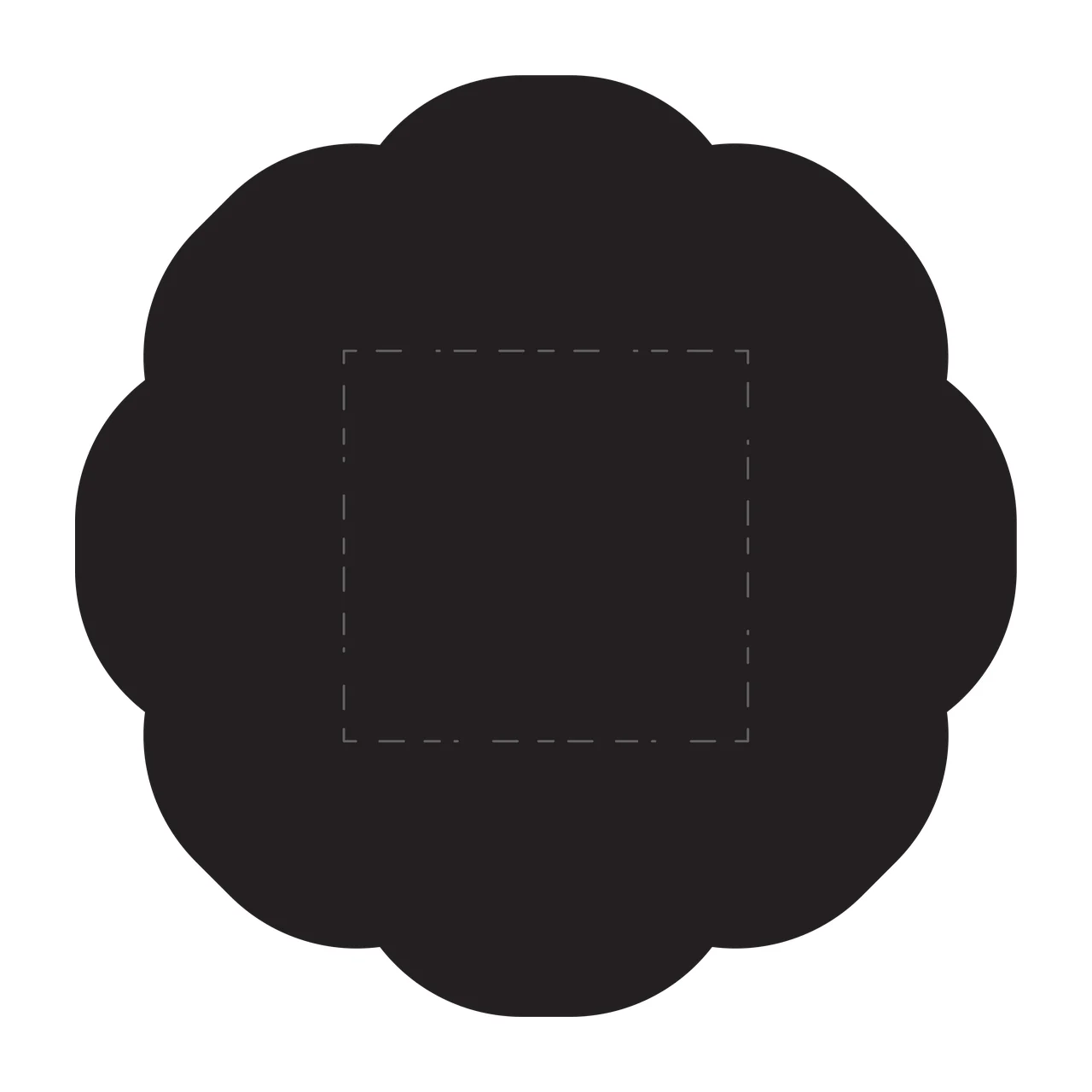 Black scalloped circular frame with dashed square center with black scalloped circle