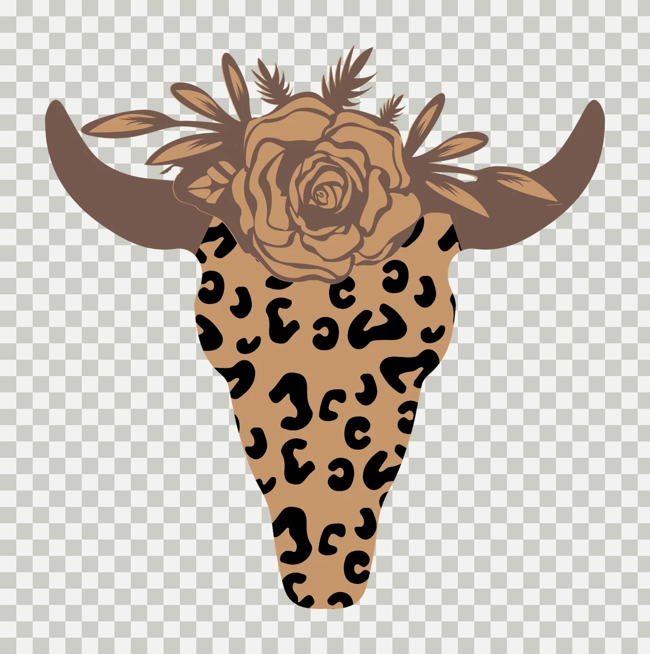 Horned Animal Skull Silhouette With Leaves horns black white transparency and detail preview thumbnail