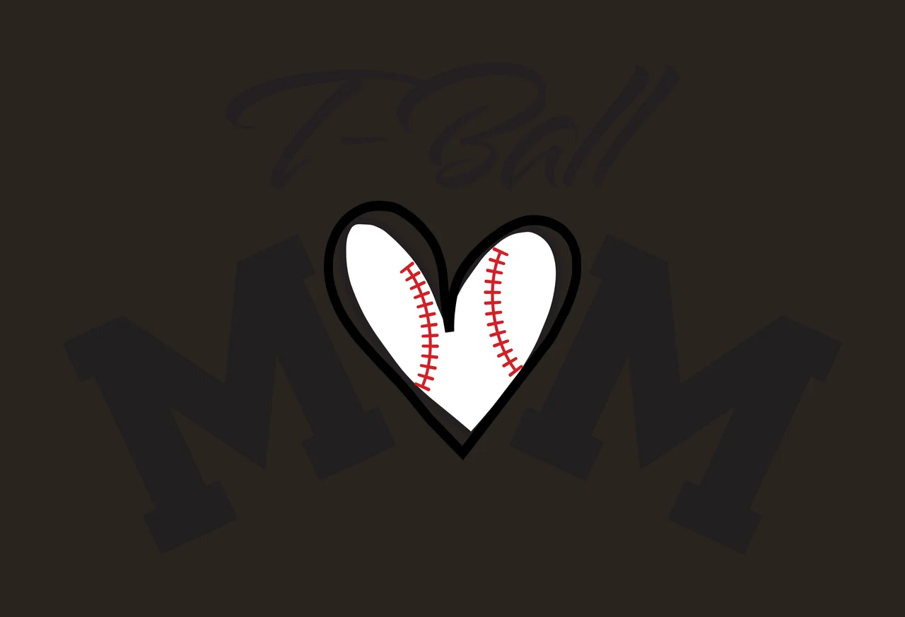 T-Ball MOM Typography Design with T-Ball text, heart shape and baseball with red stitching in black contrast preview thumbnail