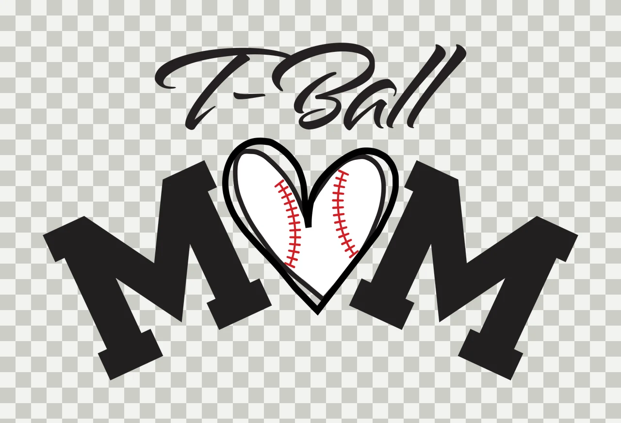 T-Ball MOM Typography Design with T-Ball text, heart shape and baseball with red stitching in black transparency and detail preview thumbnail