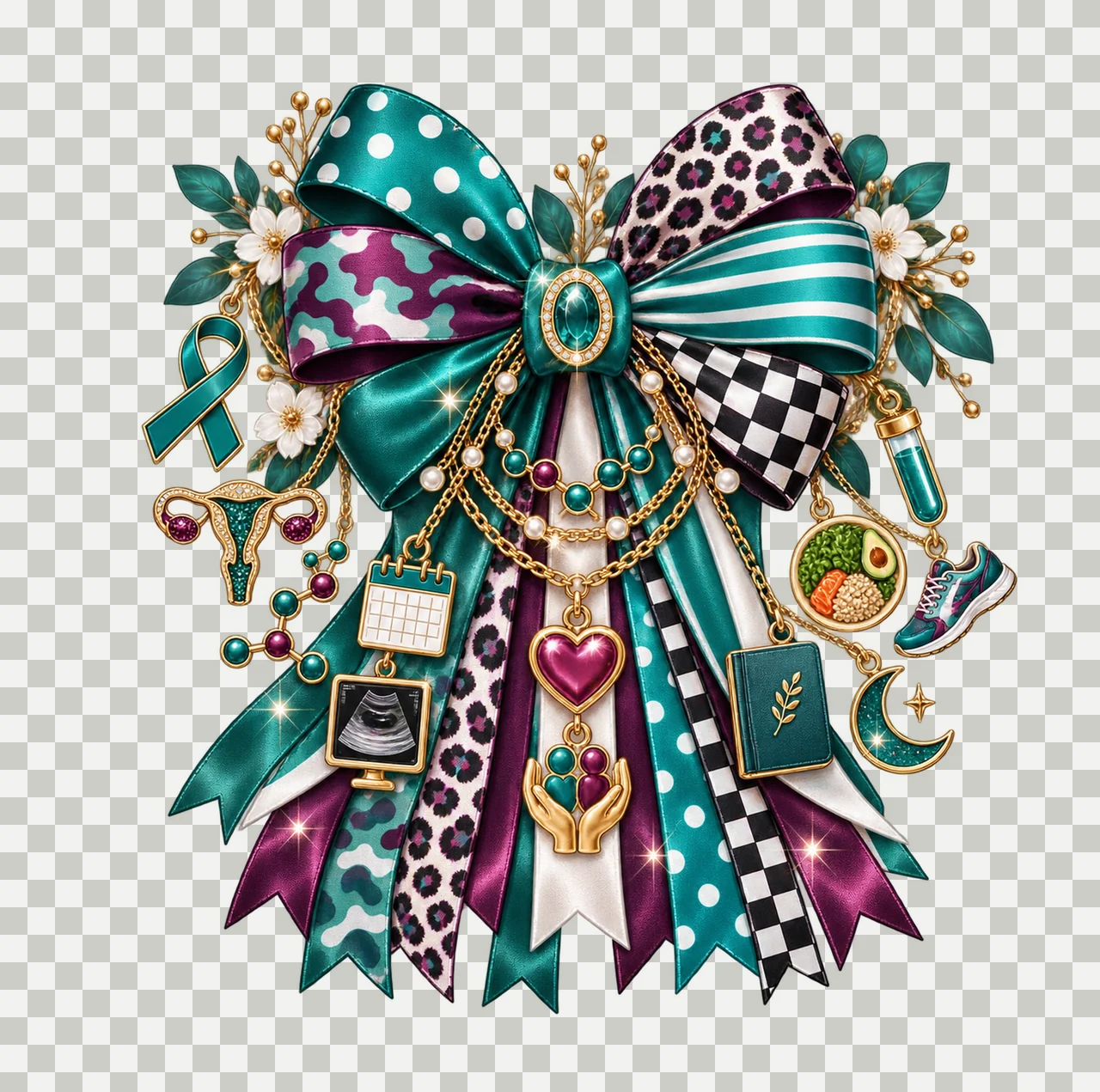 PCOS Awareness Bow Charm PNG, Themed Gold Chain Charms, Coquette Ribbon Sublimation Design, Transparent Digital Download transparency and detail preview thumbnail