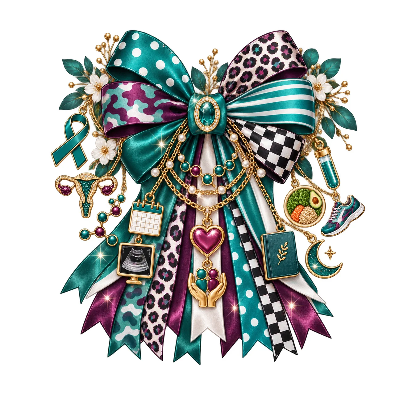 PCOS Awareness Bow Charm PNG, Themed Gold Chain Charms, Coquette Ribbon Sublimation Design, Transparent Digital Download