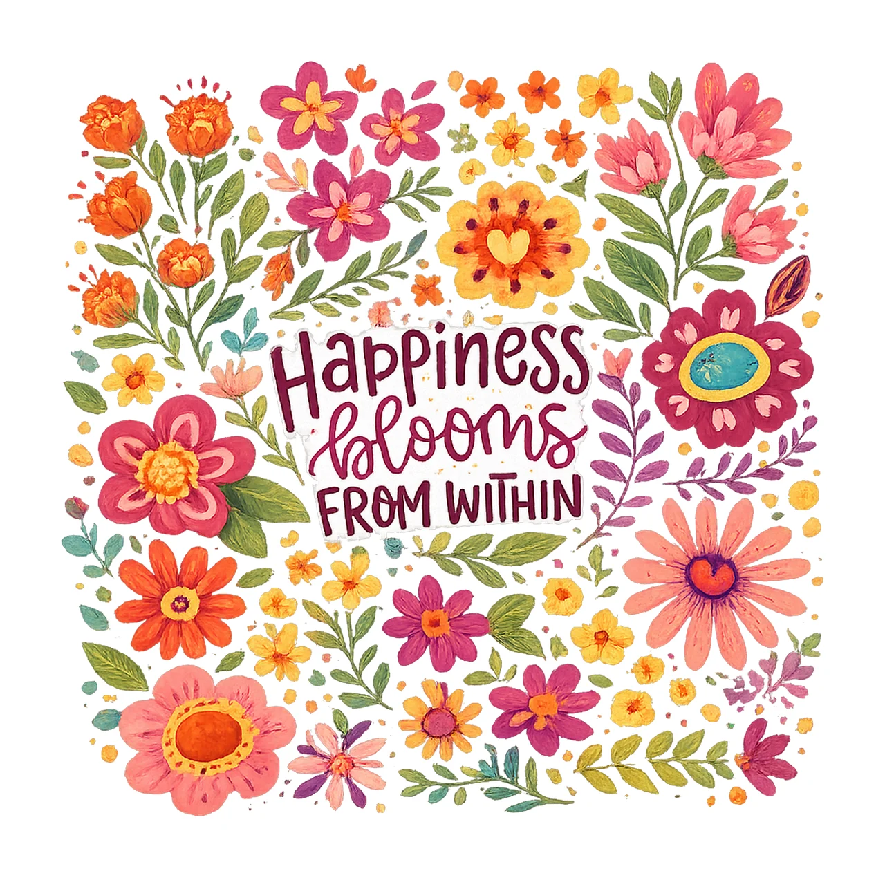 Positive boho floral quote Happiness blooms from within