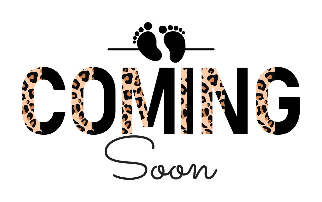 COMING Soon Typography Design with COMING text, baby footprints icon, leopard print pattern and horizontal line in black, tan and brown