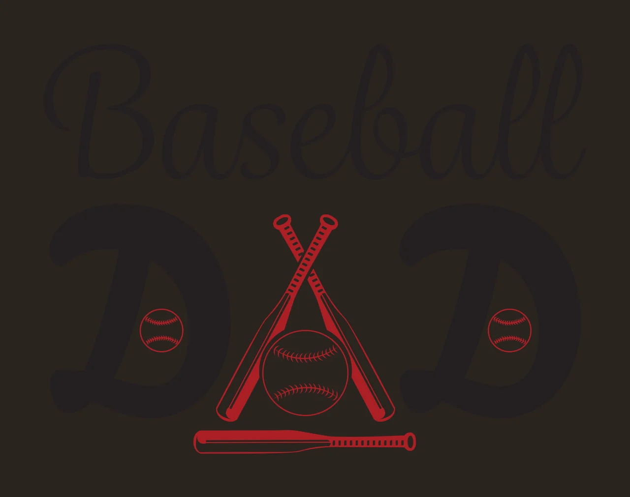 Baseball DAD Typography Design with crossed bats, central baseball, two small baseballs and horizontal bat in black and red contrast preview thumbnail