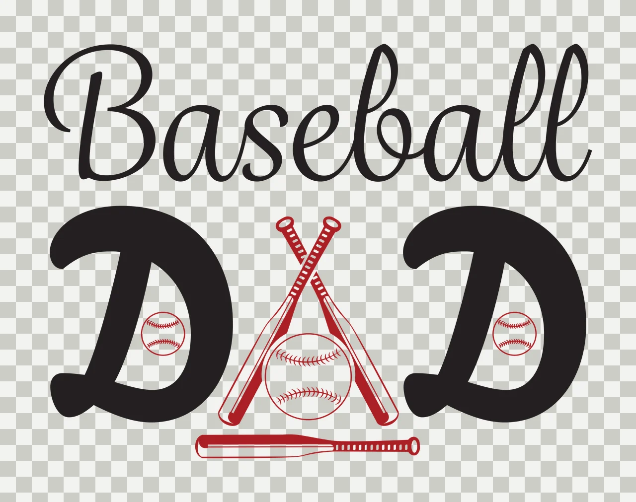 Baseball DAD Typography Design with crossed bats, central baseball, two small baseballs and horizontal bat in black and red transparency and detail preview thumbnail
