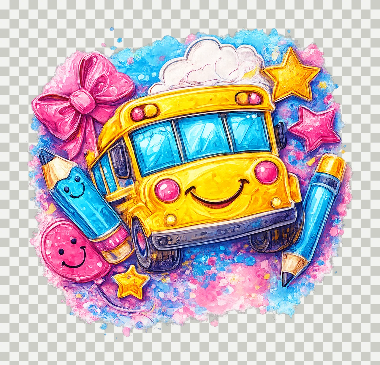 100 Days of School Cute Pastel Art School Bus Artwork Back transparency and detail preview thumbnail