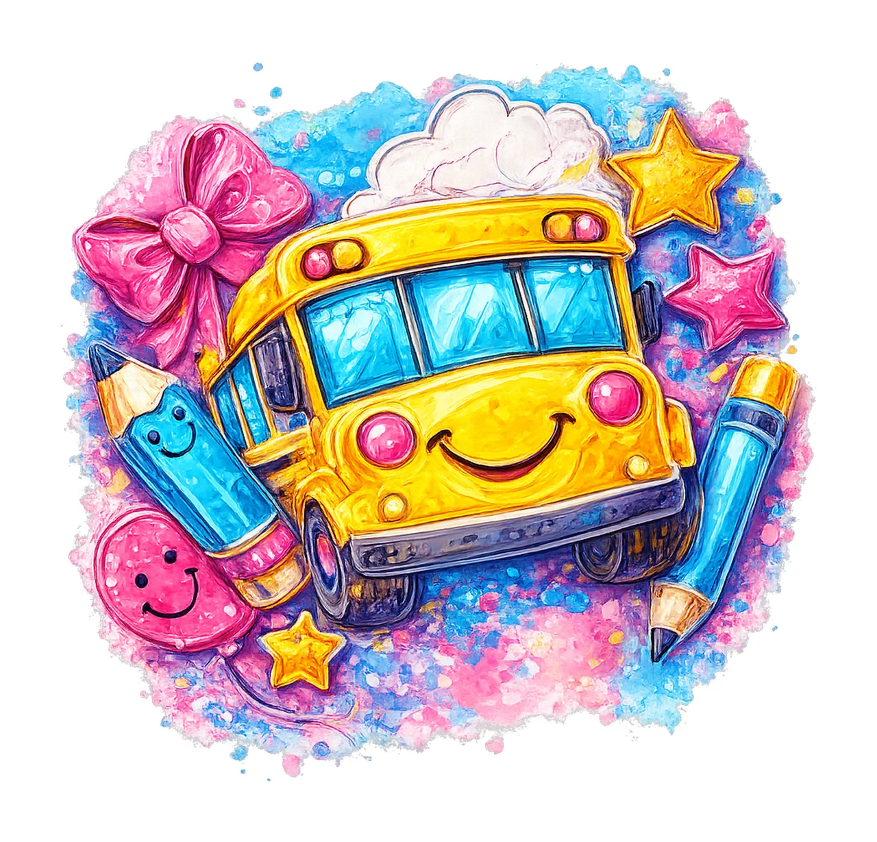 100 Days of School Cute Pastel Art School Bus Artwork Back