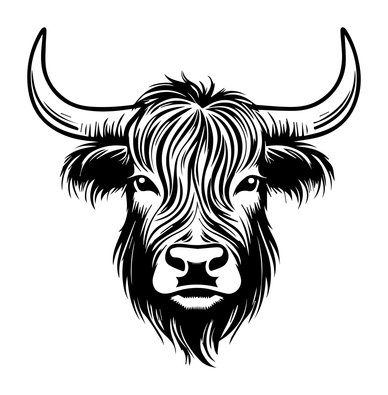 Cow Highland Head With Large Horns fur engraving black white