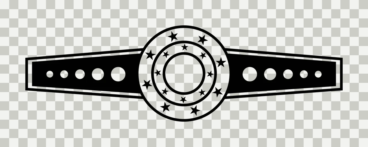 Championship belt Illustration with central circular plate, stars, concentric circles and tapered side straps in black and white transparency and detail preview thumbnail